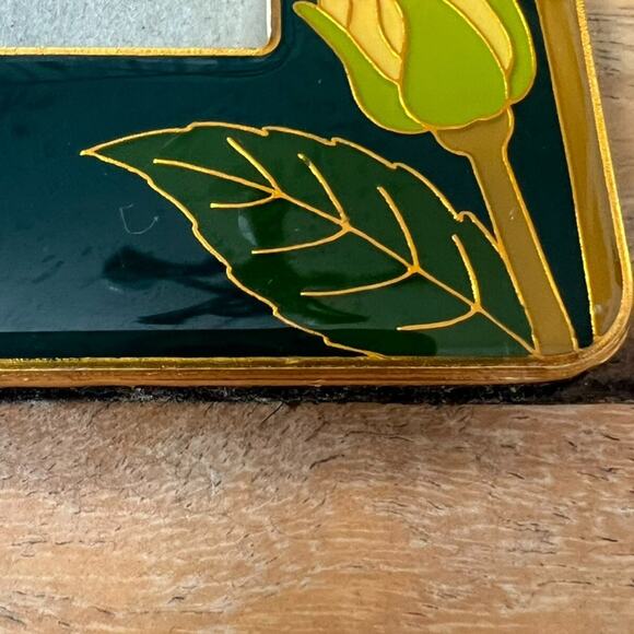 Vintage MCM Enamel Photo Frame Dark Green Yellow Roses With Gold Border Retro - Picture 10 of 12